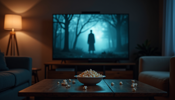 Eye-level view of a cozy living room with a large TV screen showing a horror movie scene