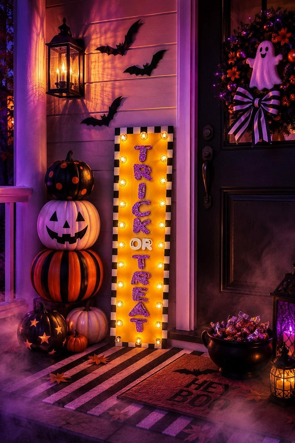 High angle view of a cozy porch corner with autumn leaves, pumpkins, and a lantern