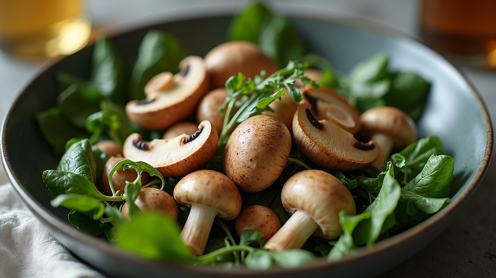 Eye-level view of a bowl of mixed fresh mushrooms and leafy greens