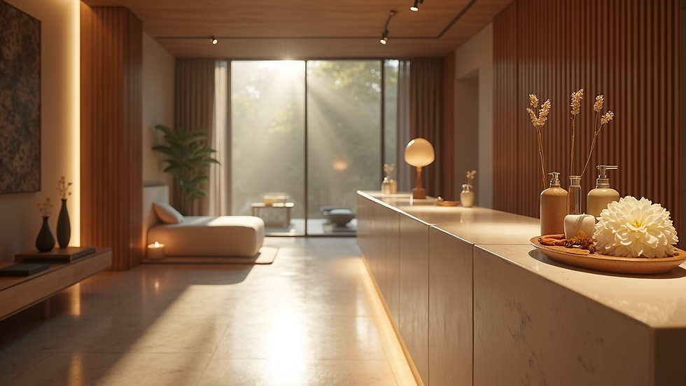 High angle view of a luxury hotel spa reception area with subtle scenting devices