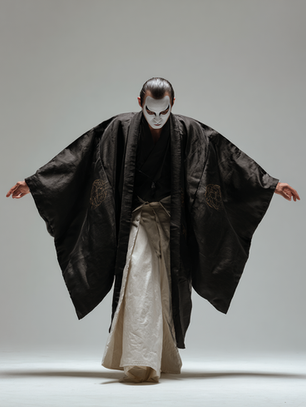 Ein männlicher Performer steht in klassischer Kabuki-Haltung in einem hellen Raum. Er trägt ein weites, schwarzes Kimono-Oberteil mit goldenen Stickereien und einen hellen Unterrock. Sein Gesicht ist weiß geschminkt, mit dunklen Akzenten um Augen und Mund – eine moderne, minimalistische Interpretation traditioneller Kabuki-Maskierung.