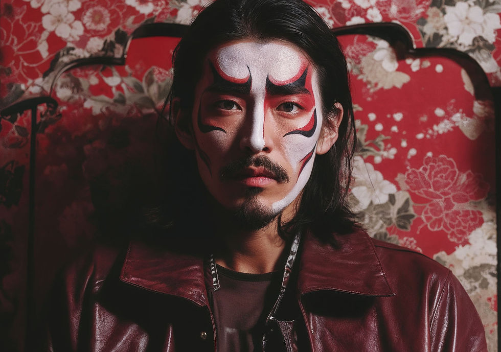 Ren Sato, einer der neuen Gesichter des modernen Kabuki. Eine Rückkehr der Masken in eine Zeit, die vergessen hatte, wie sehr sie sie braucht. Image: AI generated by Daniel Weiss