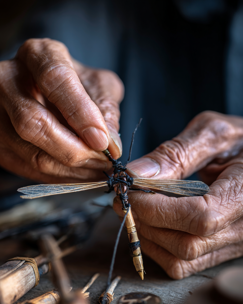 Die Hände von Hideo Mori bei der Arbeit. Jede Drohne entsteht Schicht für Schicht, ohne Maschinen, ohne Metall – nur durch Geduld, Präzision und Handgedächtnis. IMAGE: AI generated by Daniel Weiss