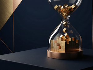 A cinematic 3D illustration of an hourglass on a dark background. Instead of sand, golden geometric cubes fall slowly to build a solid structured foundation, symbolizing patience, architectural stability, and the long-term growth of Saturn and Saturn and true Saturn astrology meaning