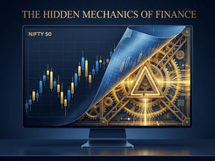Digital illustration of a Nifty 50 stock chart peeling back like a blueprint to reveal golden gears and complex machinery underneath, symbolizing the hidden mechanics of Option Delta and financial exposure