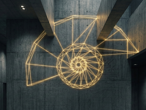 Glowing golden wireframe of a nautilus shell overlaid on a dark concrete wall, symbolizing the structural precision of the Golden Ratio in Business and branding.