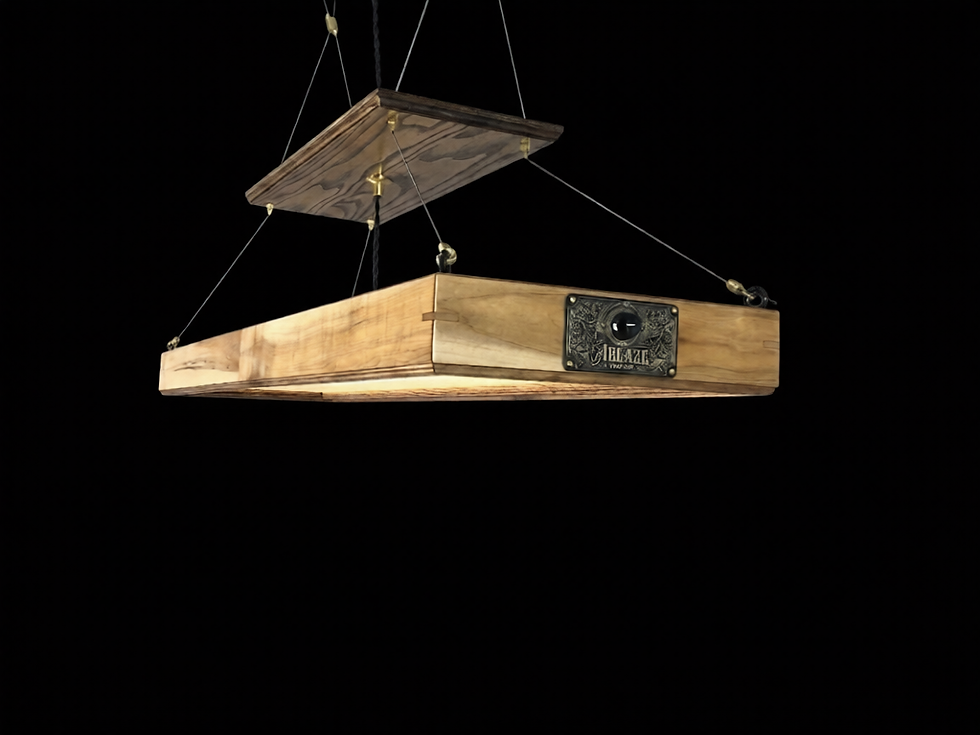 Thumbnail: Classic 1'x4' hickory suspension light for pool, billiards | aircraft cable, brass hardware by ablazeluminaire.com Oregon