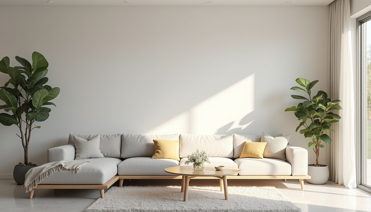 Eye-level view of a pristine living room with soft natural light and elegant decor