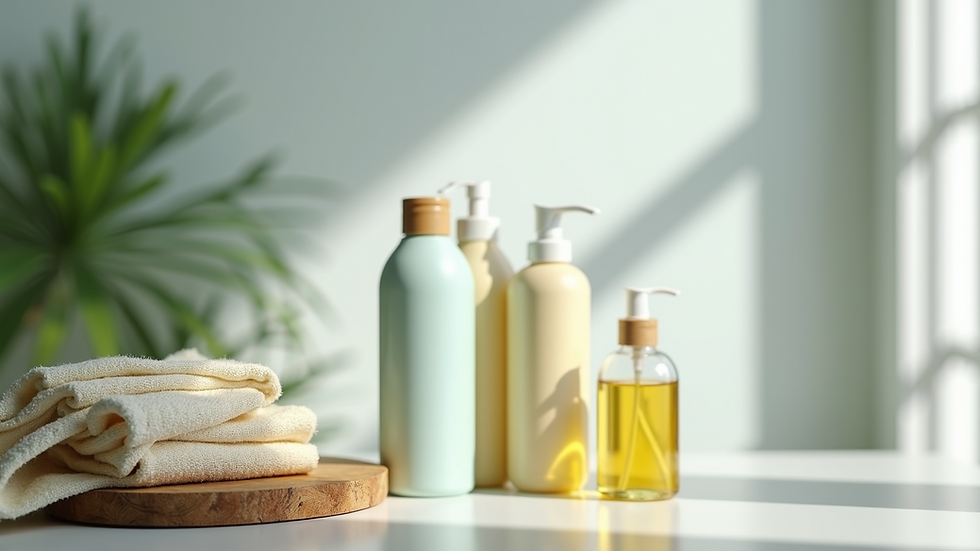 Close-up view of eco-friendly cleaning products arranged neatly
