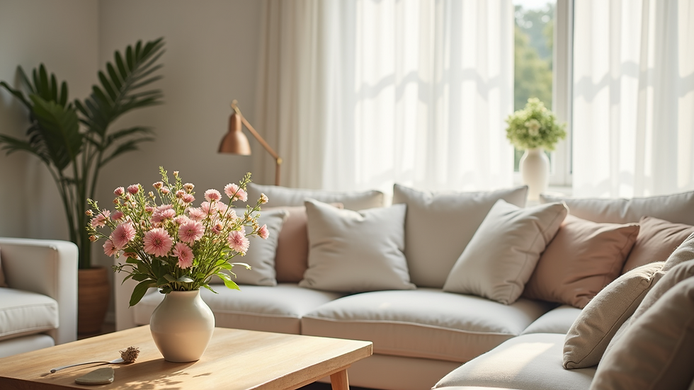 Eye-level view of a beautifully organized living room with fresh flowers