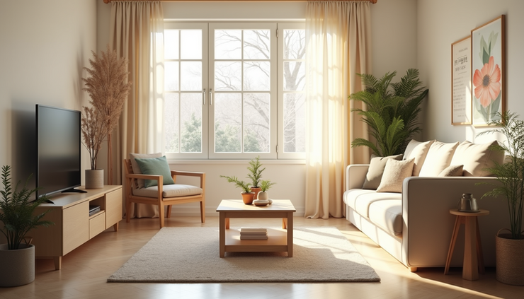 Eye-level view of a sparkling clean living room with sunlight streaming through windows