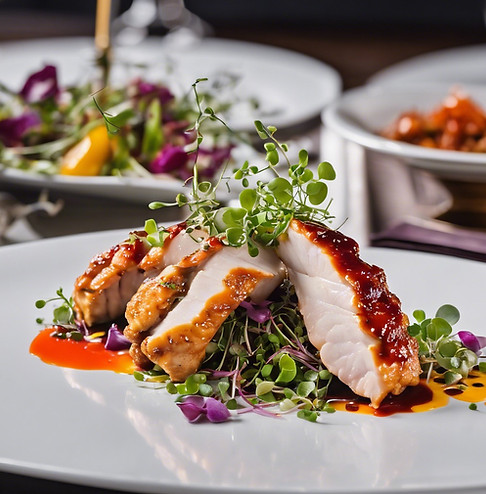 Plated fine dining chicken with microgreens