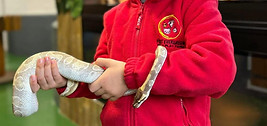 Smiling boy in red jacket holding a light-colored snake