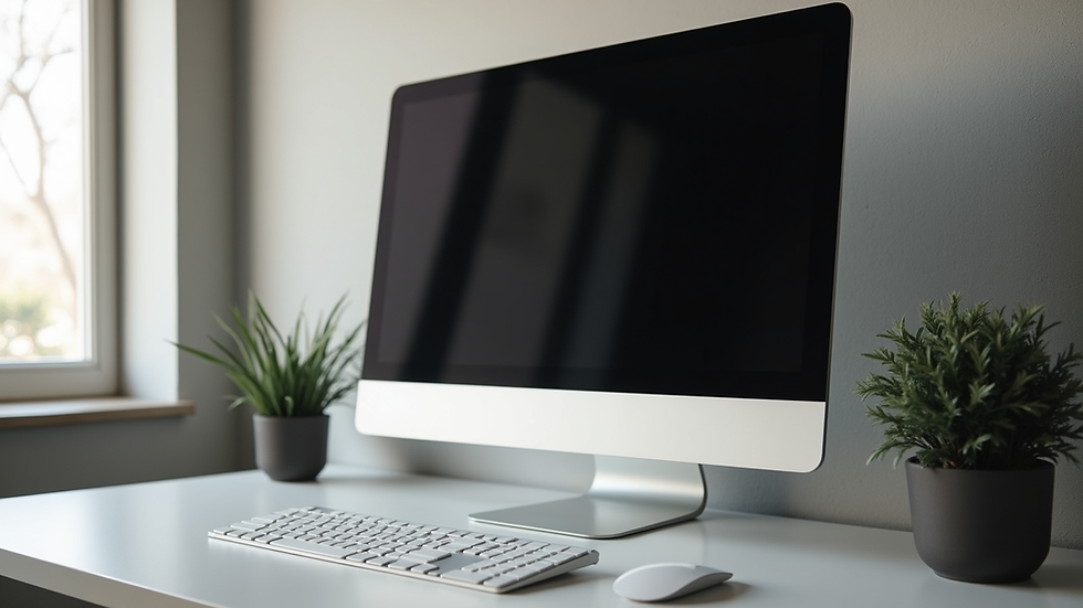 Eye-level view of a sleek computer monitor on a minimalist desk