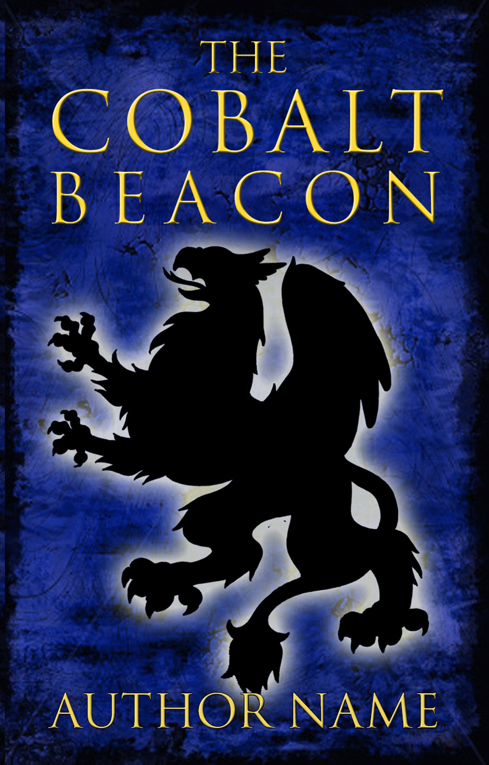 Glowing silhouette of a griffin on a textured royal-blue background