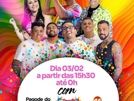 Dia 3 de fevereiro acontece a Prévia Carnavalesca dos amigos Pirangi e Jiqui com: Pagode do Coxa, Orquestra do Papão, Messias Paraguai e Nara Costa