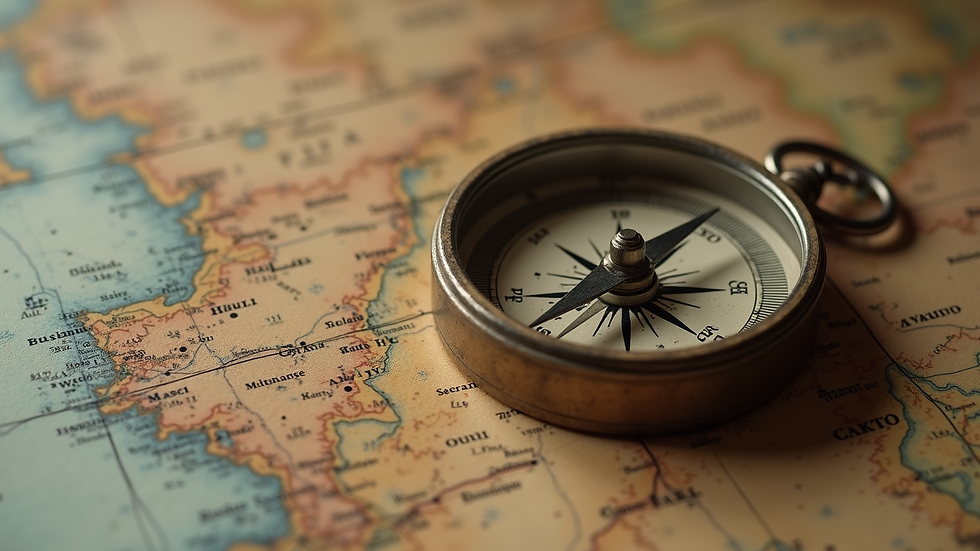Close-up view of a weathered compass resting on an old map