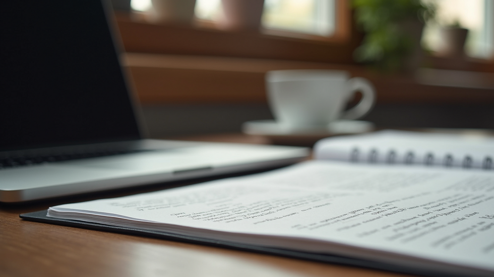Eye-level view of a desk with a laptop and manuscript pages