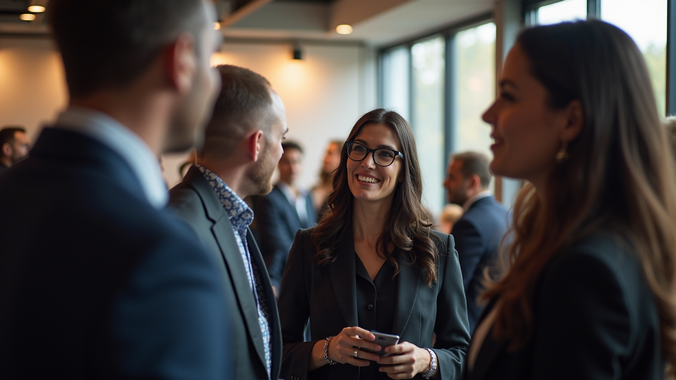 Close-up view of a networking event with people engaging in conversation