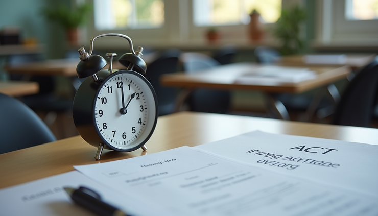 Eye-level view of a student’s desk with ACT English practice materials and a timer