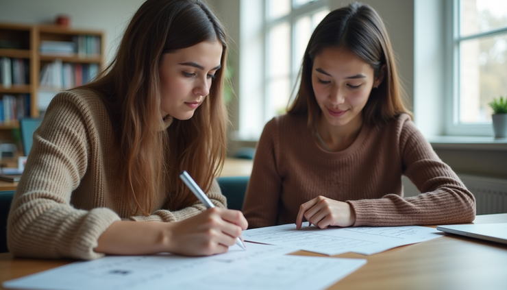 Eye-level view of a student working on SAT math problems with a tutor in a quiet study room in Menlo Park, CA
