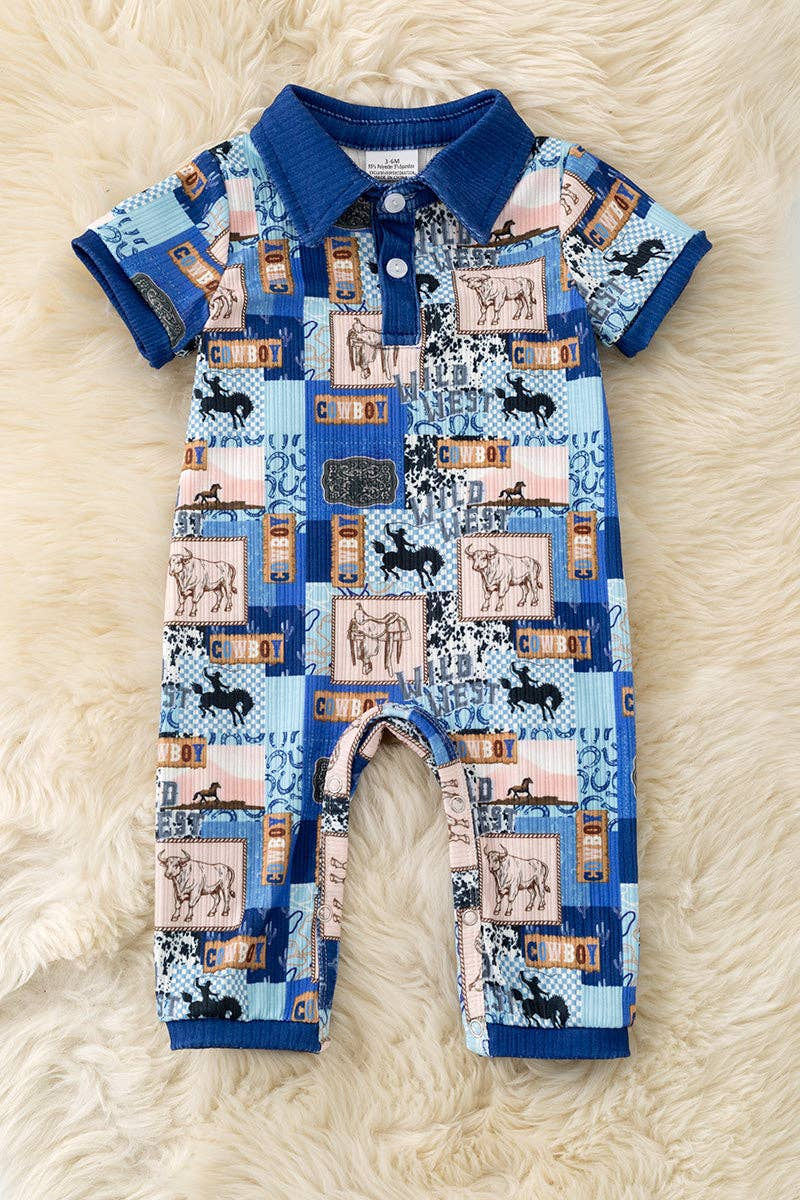 Royal blue trim/Cowboy multi-printed baby jumpsuit with snaps. RPB60322 JEAN: 3