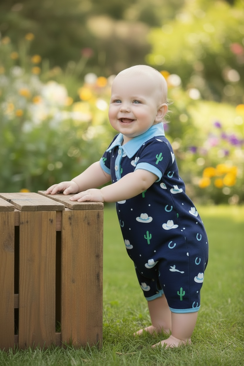 Navy blue western printed romper w/ lt. blue hem. RPB60304-SOL: 3-6 months