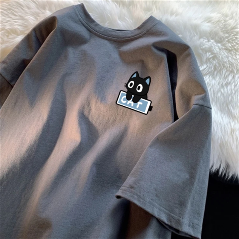 Thumbnail: Cute Cat Print Heavyweight Cotton T-Shirt