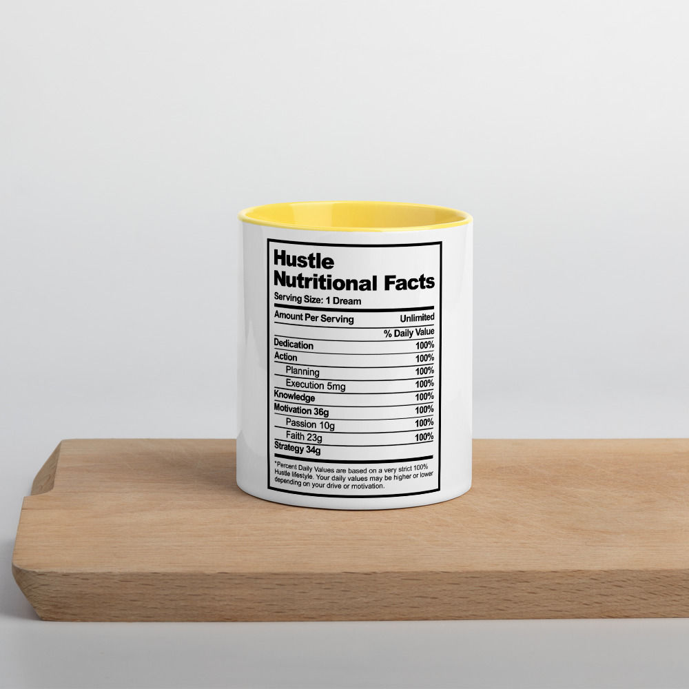 Hustle Nutrition Facts. Mug with Color Inside