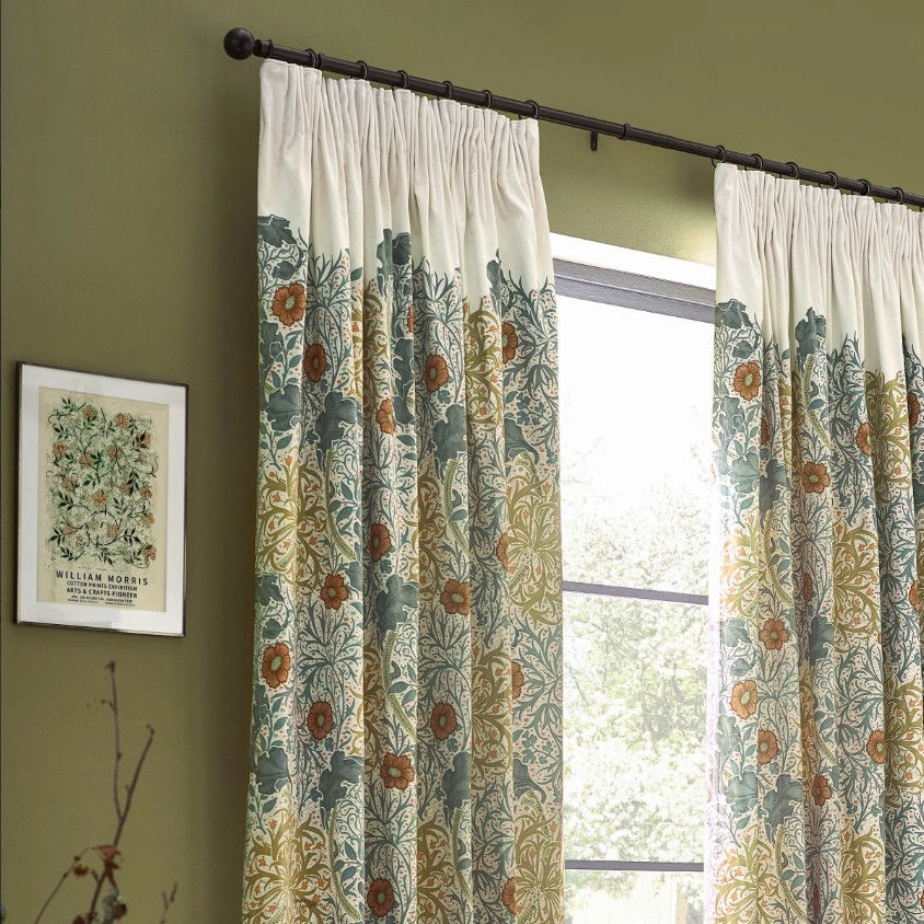 Thumbnail: William Morris Seaweed Printed Velvet Pencil Pleat Curtains - Stone/Marigold