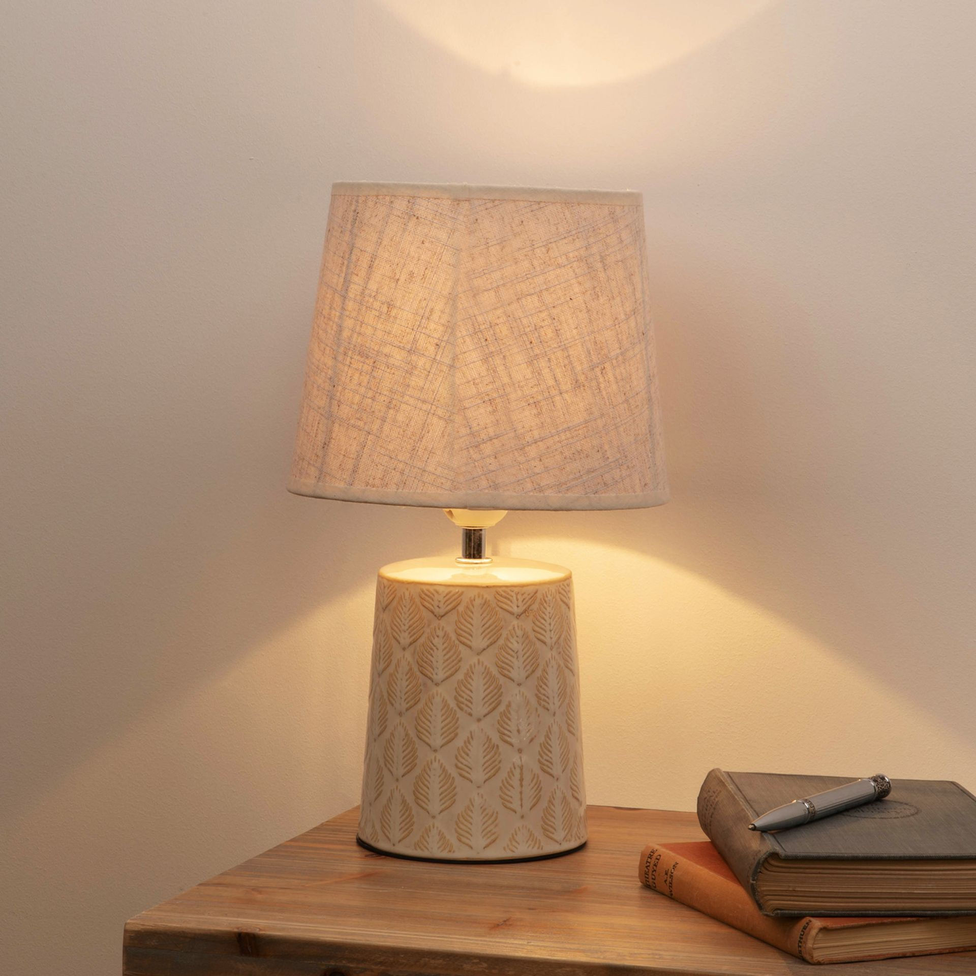 Leaf Print Table Lamp - Beige Linen Shade