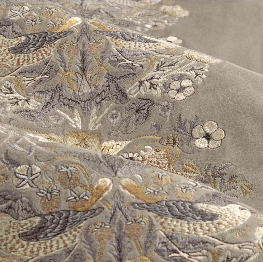 Thumbnail: William Morris Strawberry Thief Biscuit Velvet Embroidery Pencil Pleat Cur