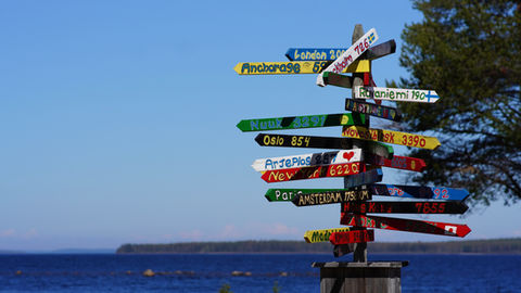 Sign that show directions to countries at Brändön Lodge