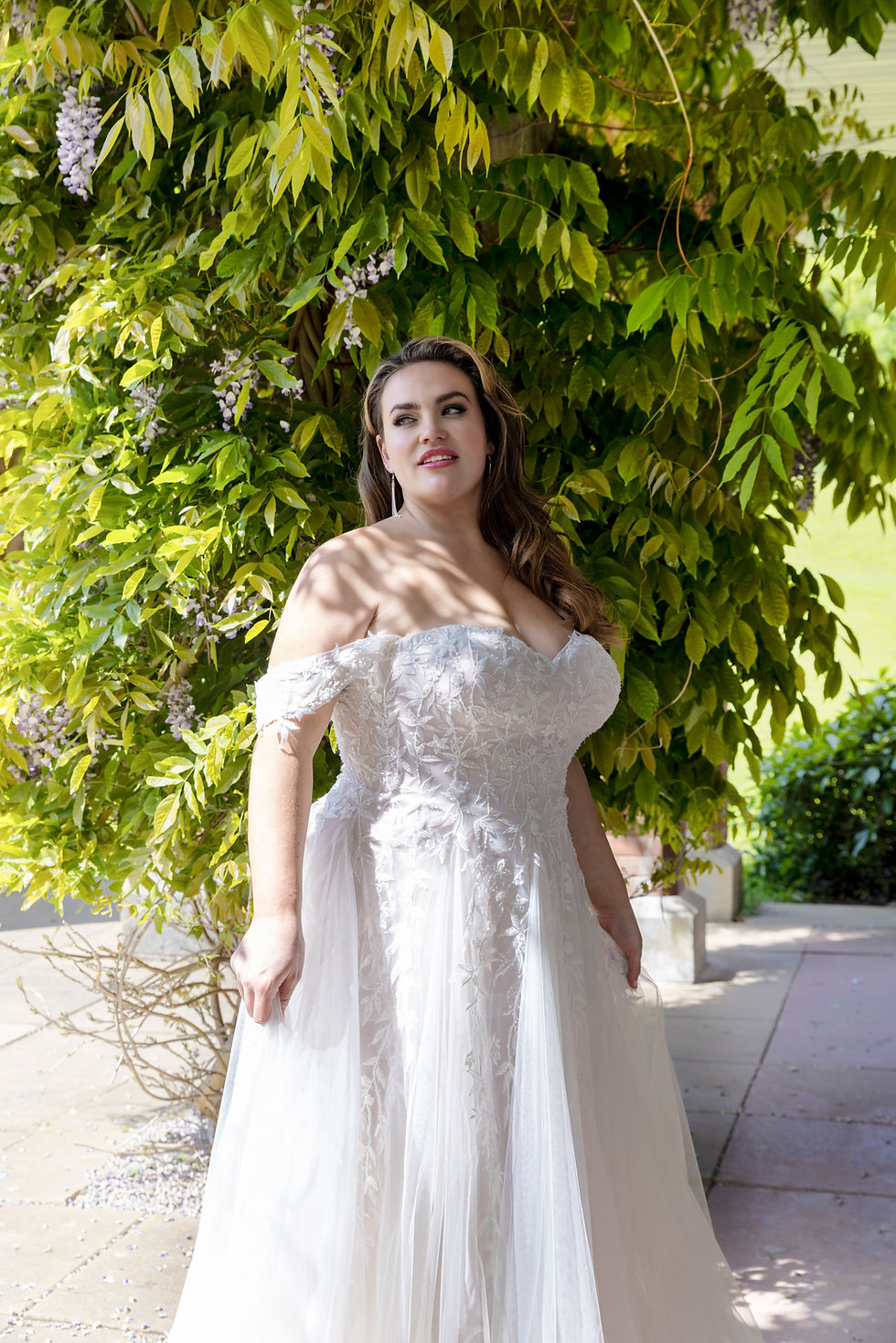 Thumbnail: Beaded lace Aline wedding dress with drop lace straps. Zip on the back