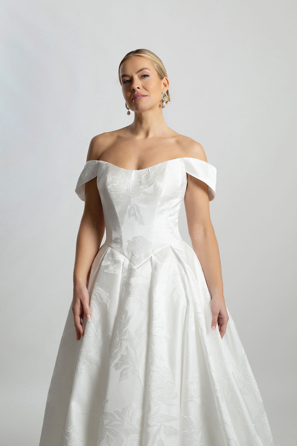 Thumbnail: WS417- Off the shoulder bodice with soft pleated A-line skirt