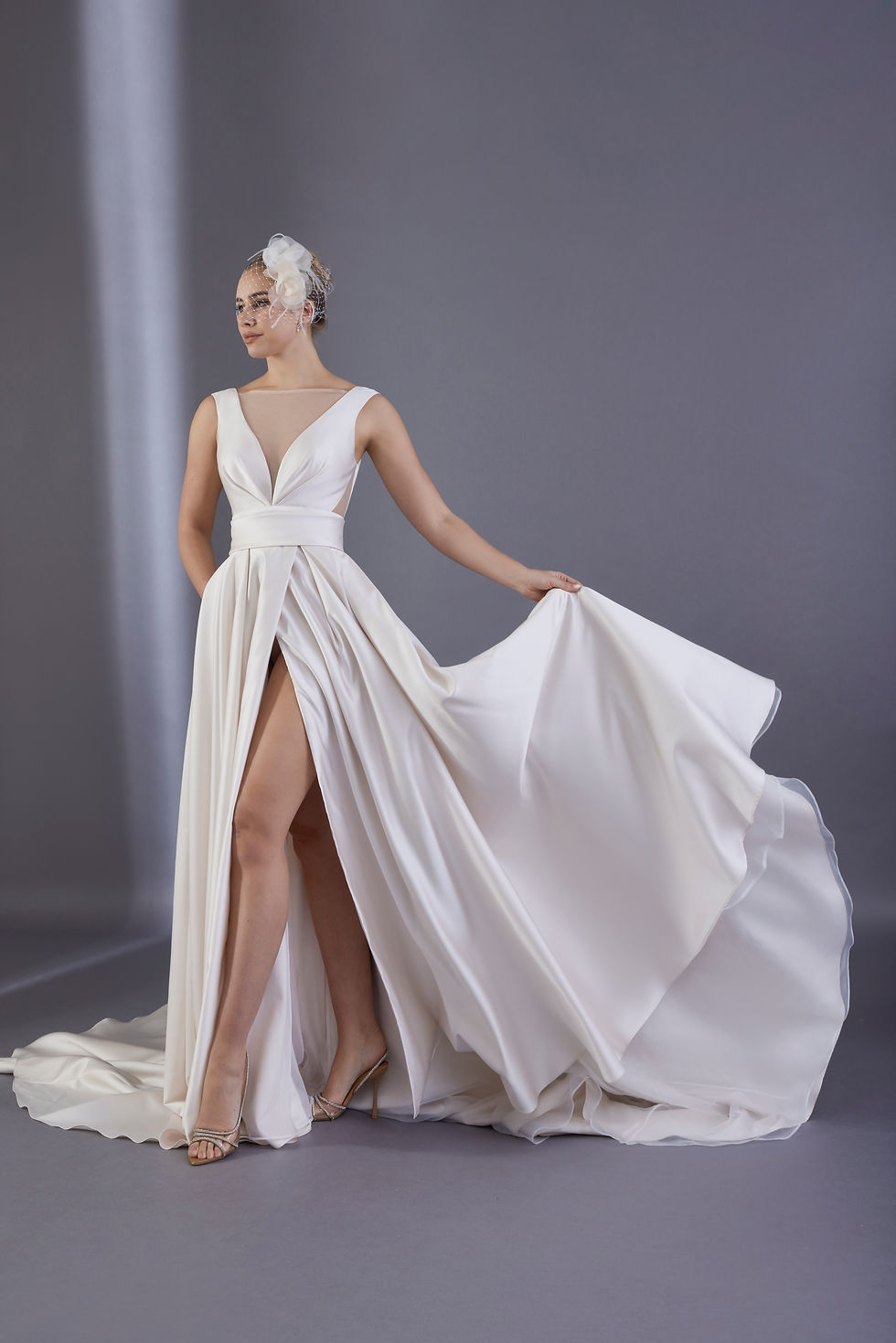 Thumbnail: R1683-A Line Crepe Wedding Gown With Side Split