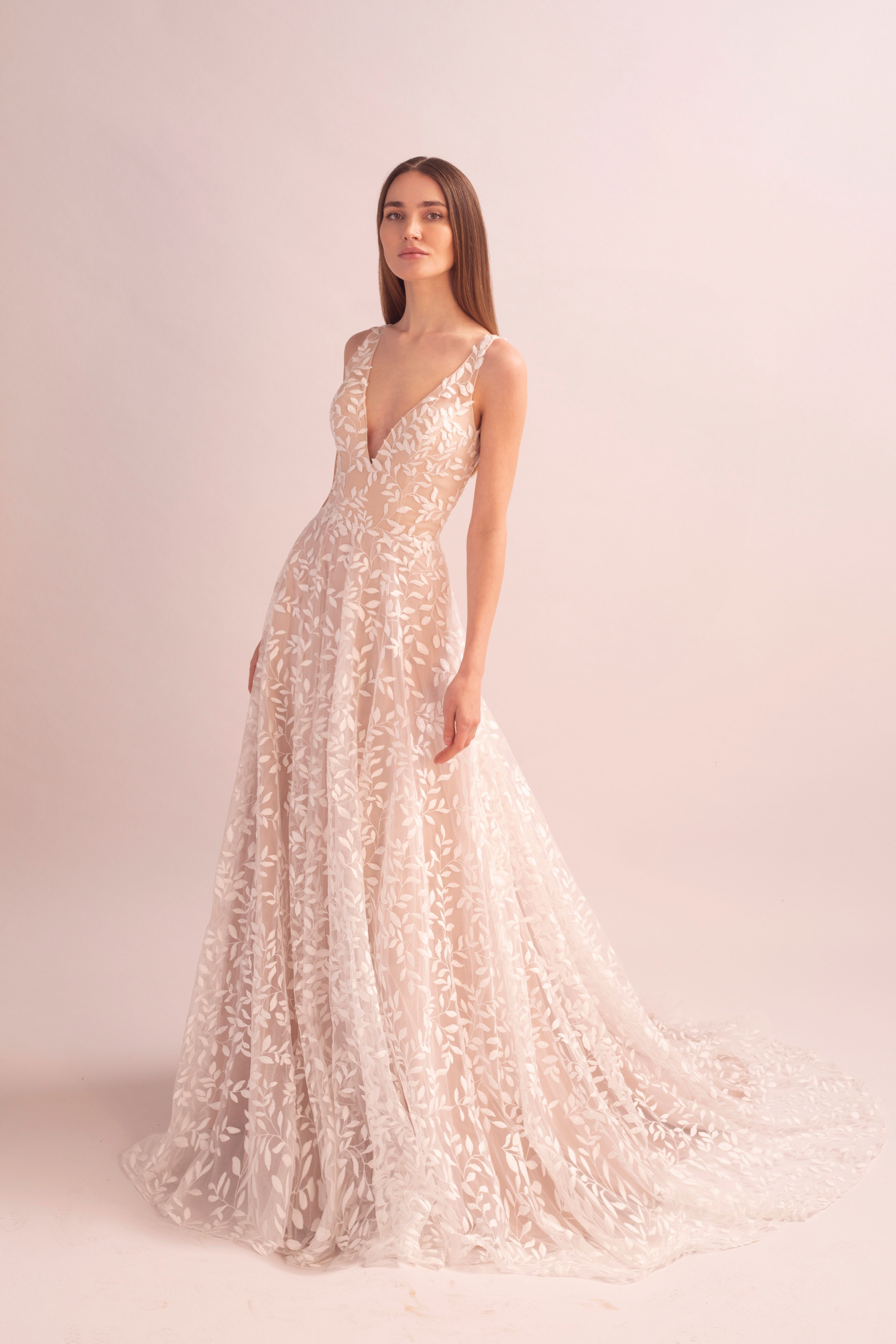 WS245-A-Line Wedding Gown with V Neckline and Leaf Lace Details