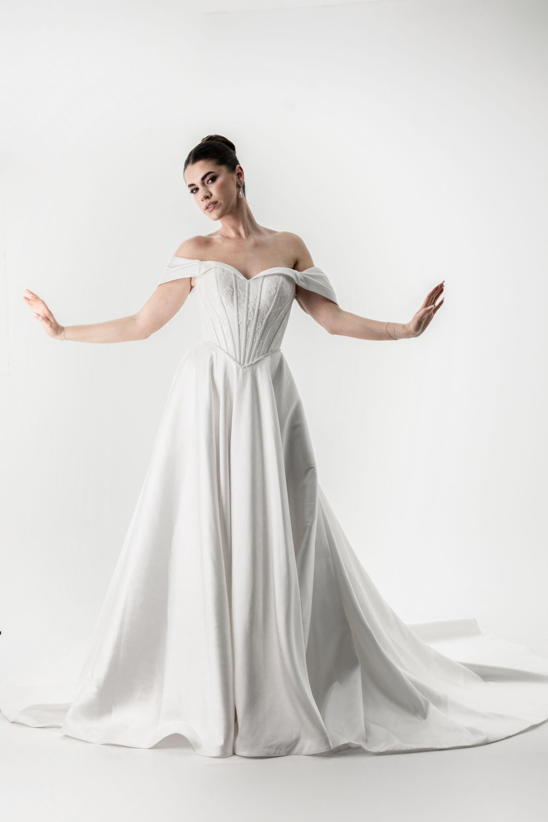 GT022-Brocade A-line gown with Bardot neckline