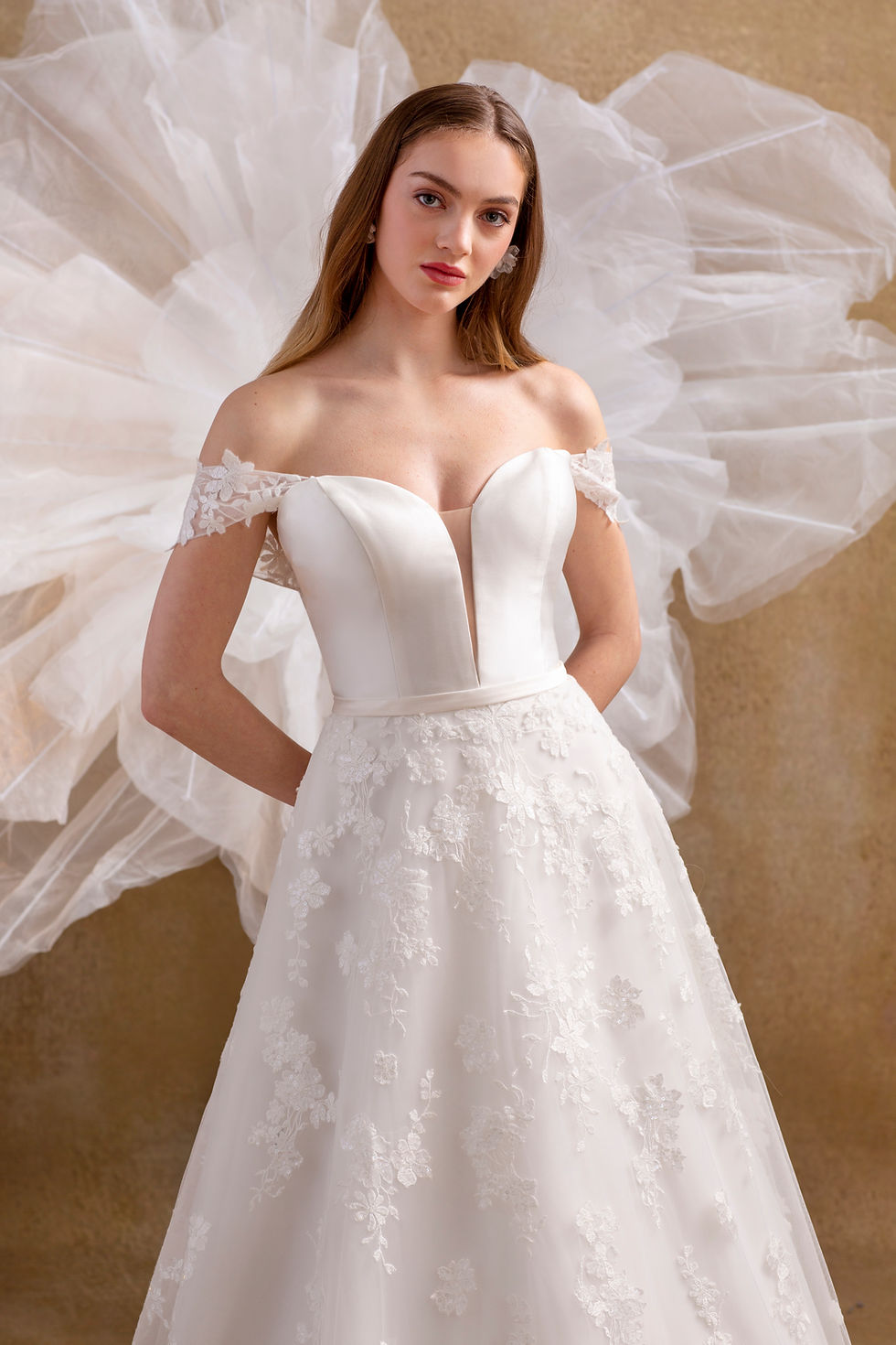 Thumbnail: R1810-A-Line Wedding Gown with Satin Corset Bodice, Deep Plunge Neckline