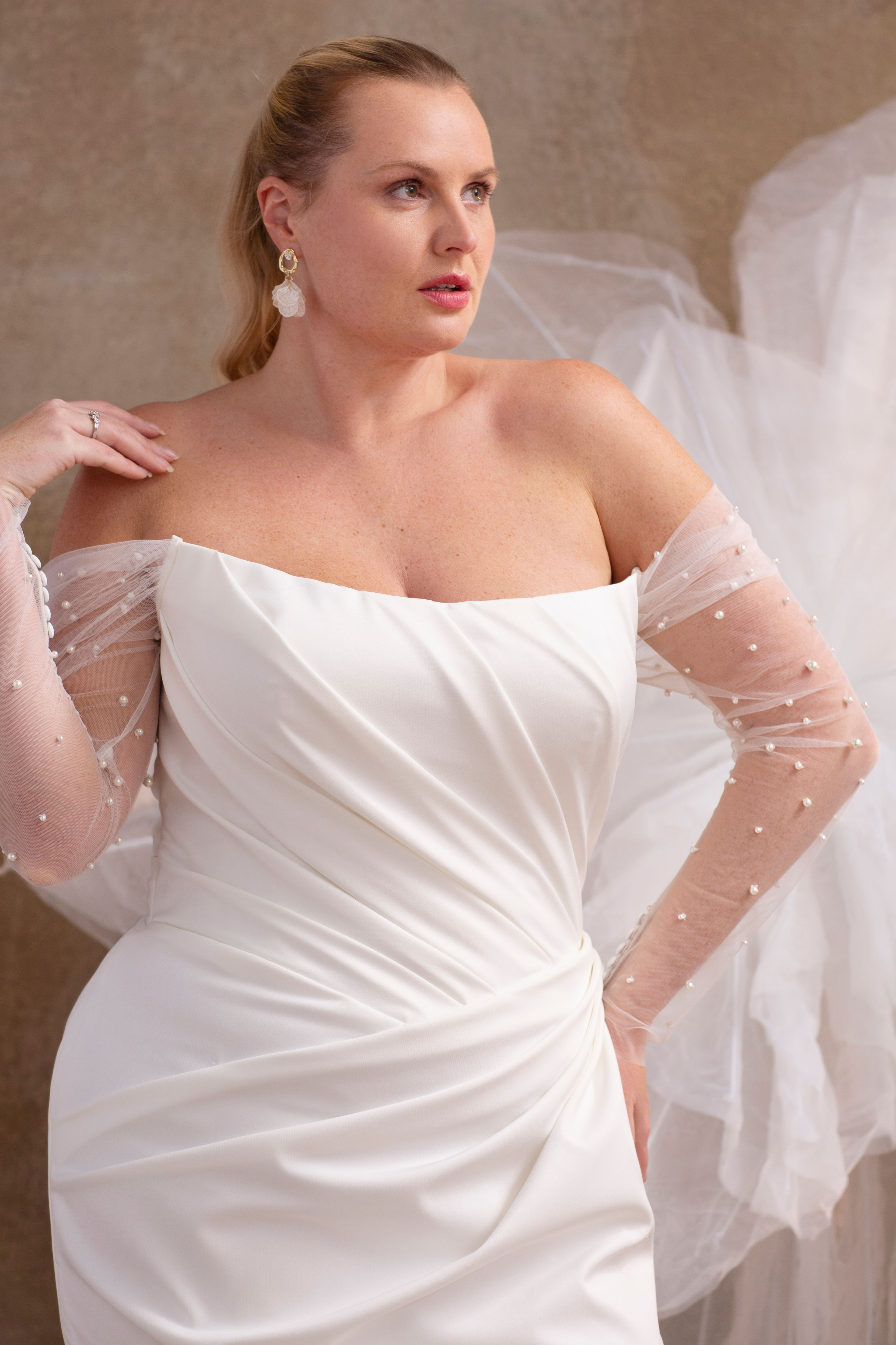 WP777-Draped Crepe Fit-and-Flare Wedding Gown with Cat-Eye Neckline and Pearl
