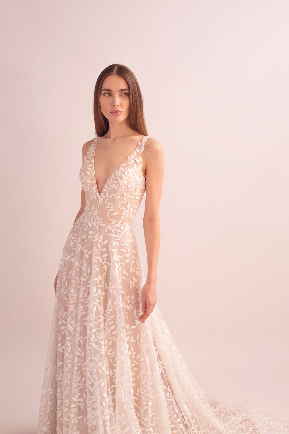 Thumbnail: WS245-A-Line Wedding Gown with V Neckline and Leaf Lace Details