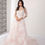 Thumbnail: Long sleeved lace  wedding dress with keyhole back, pink and ivory with flowers , long royal train.