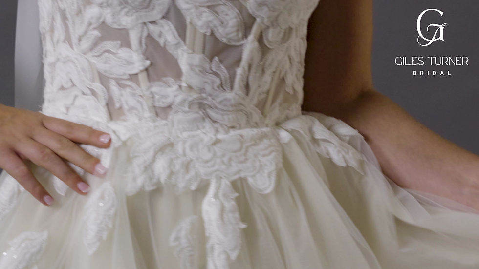 Thumbnail: GT002-Soft tulle gown with stitched apploqué detail and scarf