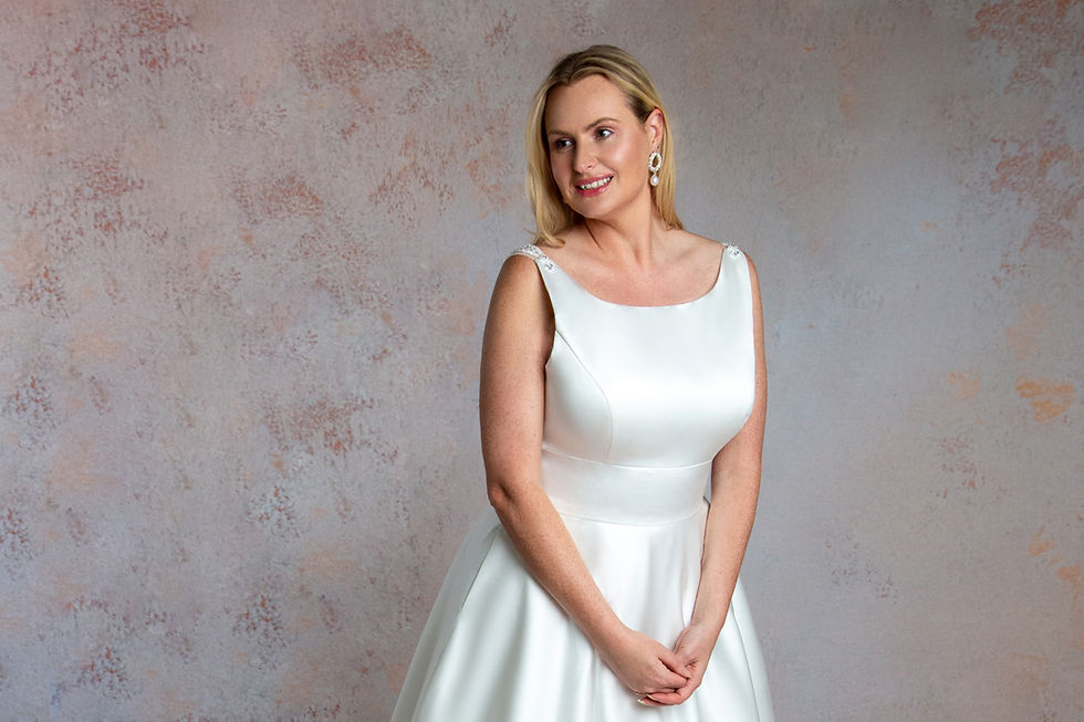 Thumbnail: WP801- Boat Neckline Wedding Dress with Wide Band Around Waist Beaded Back