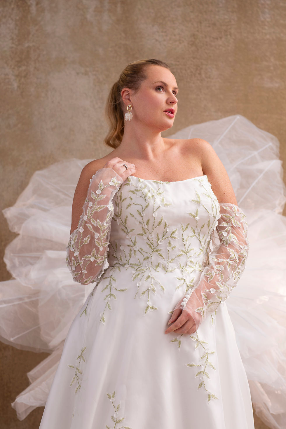 Thumbnail: WP788-Plus Size Botanical Embroidered Organza A-Line Wedding Dress with Illusion