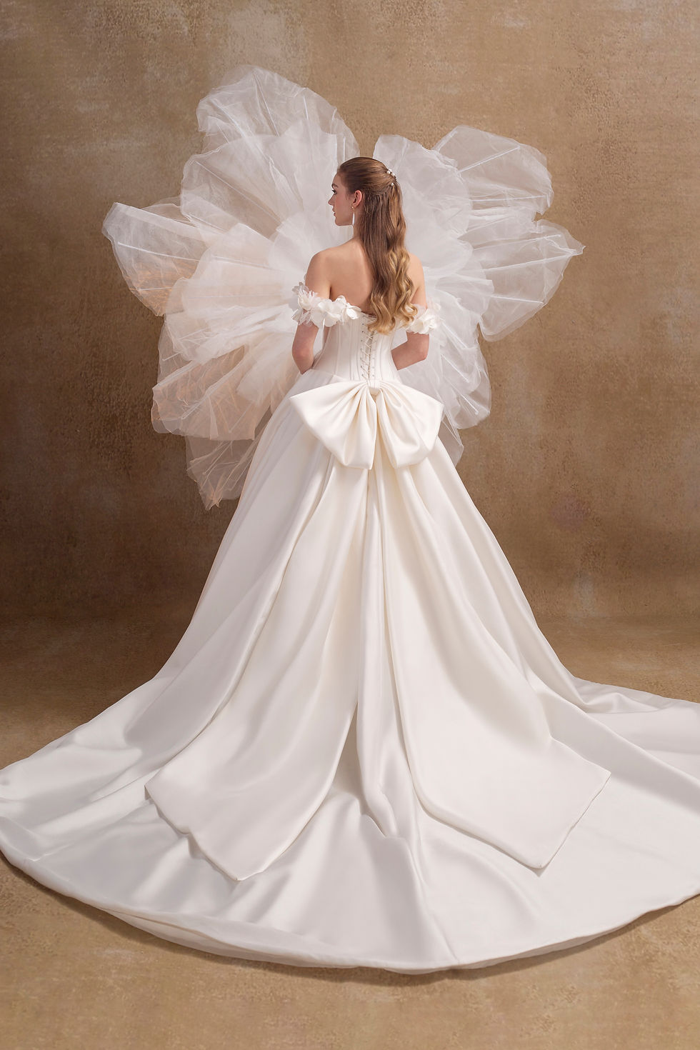 Thumbnail: R1818-Mikado Ball Gown Wedding Dress with Corset Bodice, 3D Floral Straps
