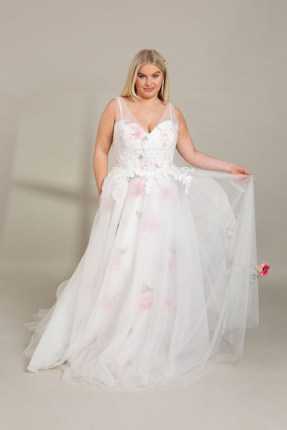Thumbnail: flowy organza dress with pink flowers and sheer organza straps, brides choice 2024