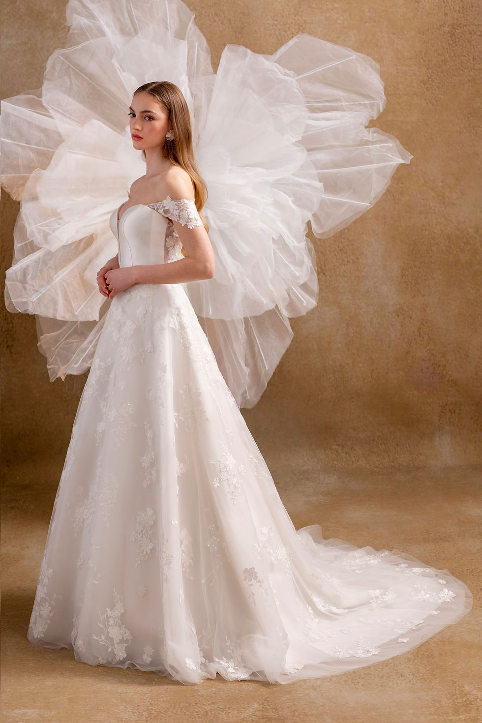 Thumbnail: R1810-A-Line Wedding Gown with Satin Corset Bodice, Deep Plunge Neckline