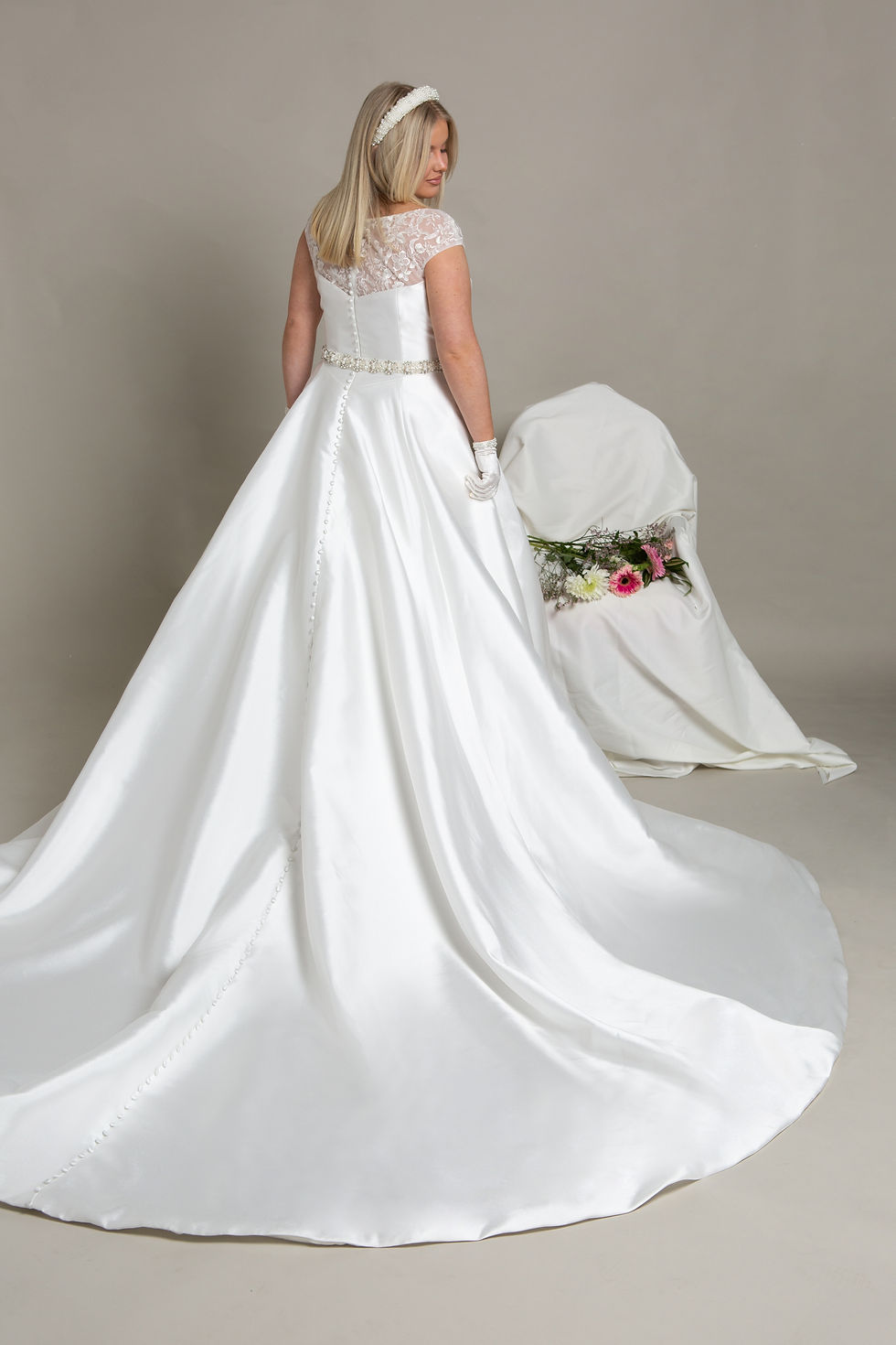 wedding dress from plus size collection which covers your arms. Long satin train and beautiful full skirt
