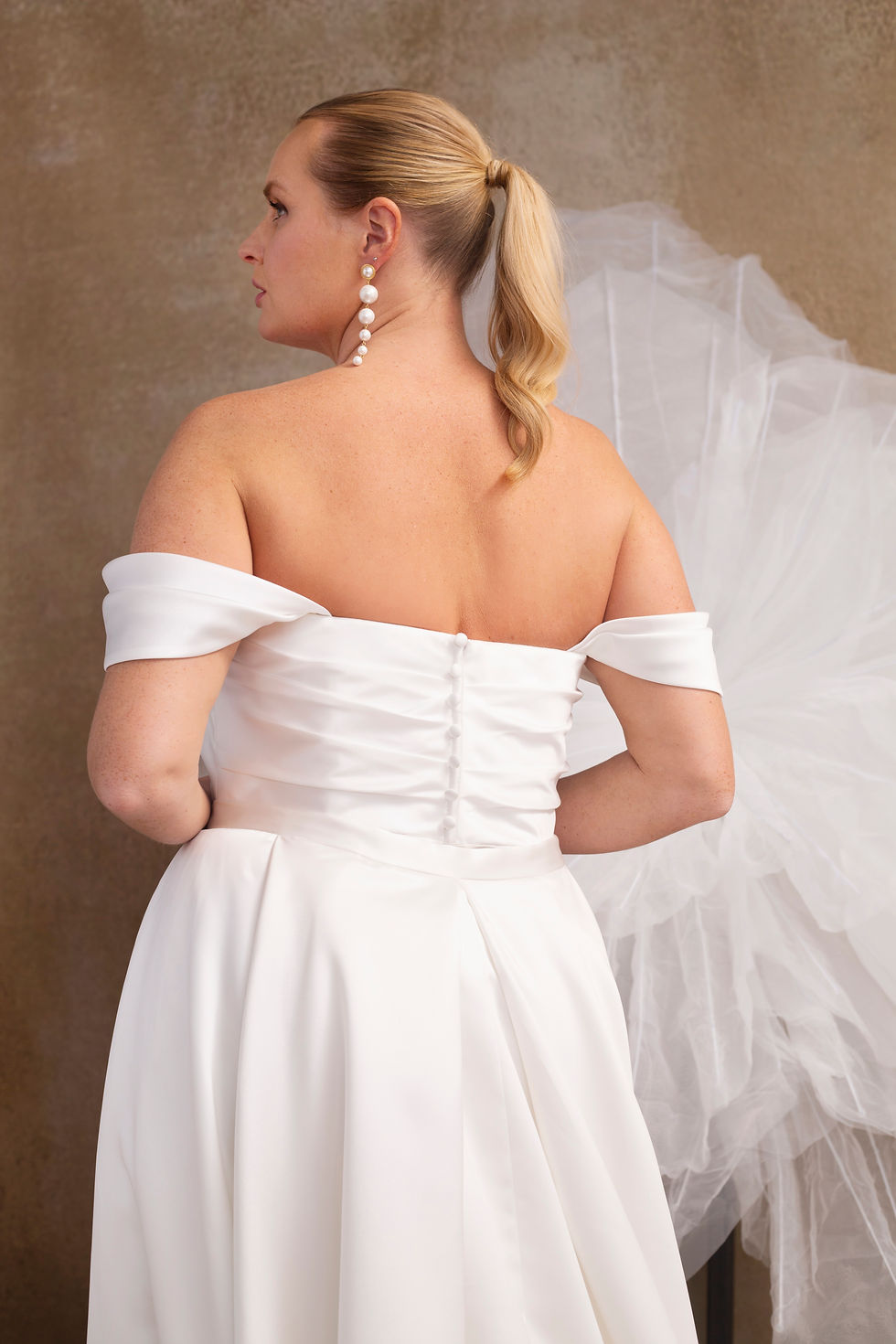 Thumbnail: WP790-Plus Size Satin Fit-and-Flare Wedding Gown with Draped Bodice